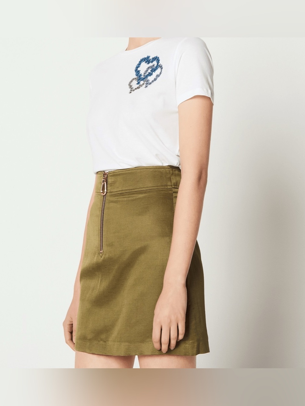 Sandro Paris Olive Green Mini Skirt with Front Rose Gold Zipper Size Small - Picture 3 of 14